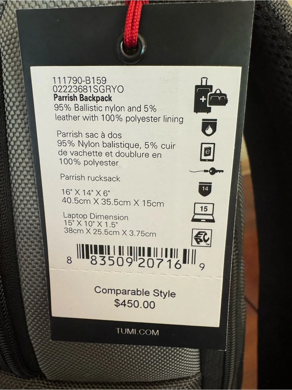 Tumi Gray Parrish Backpack with Black Trim and Tan Leather Tag